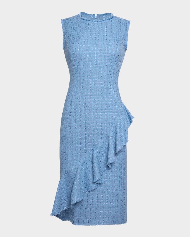 Sleeveless Ruffle Tweed Midi Dress